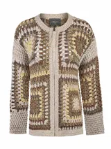 Sweater de crochet marca RKF modelo Luniva, confeccionado con mezcla de algodón orgánico, acrílico y lino orgánico. Presenta diseño de patrones artesanales en tonos naturales, cuello redondo, manga larga y cierre frontal.