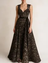 Vestido largo de fiesta color beige con encaje floral negro y cinturón de terciopelo negro.