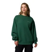 Buzo de cuello redondo color verde oscuro, con corte oversize y logo de la marca bordado en el pecho. Presenta puños y dobladillo acanalados.