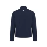 Campera deportiva EA7 Emporio Armani de color negro, con cuello alto, cierre frontal completo y tecnología Ventus7 para transpirabilidad. Presenta líneas blancas decorativas a lo largo de las mangas y el logo de la marca estampado en el pecho.