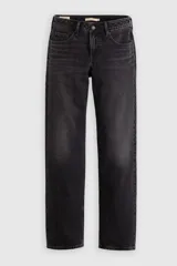 Jeans de corte recto y tiro bajo en color negro con efecto lavado, confeccionados en denim con diseño clásico de cinco bolsillos y cierre frontal con botón y cremallera.