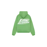 Hoodie oversize de Eme Studios en color verde menta, con capucha y gran estampado gráfico blanco en la espalda con el logotipo de la marca.