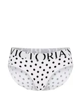 Panty hipster de tiro bajo en color blanco con estampado de lunares negros y cintura elástica con el logotipo de la marca.