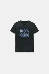Remera negra de efecto lavado con corte slim fit, cuello redondo y manga corta. Cuenta con un estampado frontal con la frase "100% ICONIC" hecha con aplicaciones de brillos plateados.