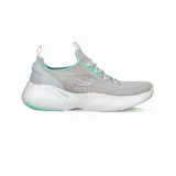 Championes Skechers Arch Fit Infinity color gris claro con detalles en verde agua. Capellada de malla tejida, cordones elásticos, plantilla Arch Fit removible y suela de goma con tecnología Vapor Foam.