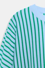 Sudadera de punto con cuello redondo y manga larga, de diseño a rayas verticales celestes y verdes, con puños y ribetes lisos en color celeste.