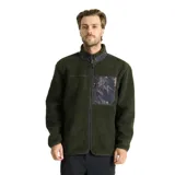 Campera de polar tipo borrego en color verde oscuro, con cierre frontal completo, cuello alto y bolsillo en el pecho con cierre y detalle estampado en contraste.