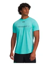 Remera deportiva Under Armour de la colaboración con Mansory, color turquesa, con cuello redondo, manga corta y estampado frontal con el logo de la marca. Confeccionada en tejido técnico de poliéster con panel trasero de jacquard para mayor transpirabilidad.