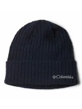 Gorro tipo beanie de punto acanalado en color azul marino, con borde doblado y logo de la marca bordado en el frente.