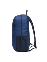 Mochila urbana Cat modelo Liam, color azul, con bolsillo frontal con cierre, bolsillos laterales de malla y logo de la marca en parche amarillo.
