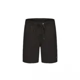 Bermuda de baño negra lisa, con cintura elástica y cordón de ajuste. Presenta un pequeño parche con el logo de la marca en la parte inferior del muslo izquierdo.