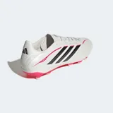 Championes de fútbol Adidas modelo Copa Pure IV League para terreno firme, en color blanco perlado con las icónicas tres tiras en negro y detalles en fucsia. Presentan un diseño aerodinámico con suela técnica de tacos para tracción óptima.