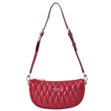 Mini cartera Guess modelo Valla, color rojo, con diseño acolchado en forma de media luna. Presenta correa ajustable para llevar al hombro y logo metálico frontal.