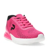 Championes deportivos Push modelo Mati, de color fucsia con detalles en negro y suela blanca. Presentan un diseño de tejido de punto transpirable, cierre con cordones y refuerzo en el talón.