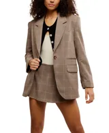 Blazer oversize de tejido a cuadros Príncipe de Gales en tonos marrones y beige, con solapas clásicas, cierre frontal de un botón y bolsillos de parche.