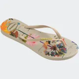 Ojotas Havaianas Slim Summer Bliss con estampado floral multicolor y tiras finas color verde oscuro.