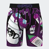 Calzoncillos tipo bóxer estampados con vasos de bebida púrpura con hielo y botellas de jarabe para la tos.