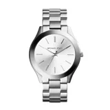 Reloj Michael Kors Slim Runway para mujer, con caja y correa de acero inoxidable plateado, esfera plateada con agujas e indicadores de hora minimalistas, y movimiento de cuarzo.