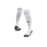 Medias de fútbol largas Under Armour de color blanco con detalles en negro y gris, con el logo de la marca bordado en el lateral.