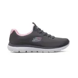 Championes deportivos Skechers modelo Summits Radiant Flow, de diseño vegano con parte superior de tejido técnico en color gris oscuro. Presentan cordones elásticos, cuello acolchado en color rosado y suela blanca con amortiguación.