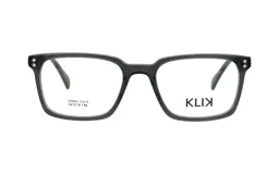 Armazón de lentes Klix modelo 102AU, de diseño rectangular con marco de acetato en color negro traslúcido y detalles metálicos en las esquinas.