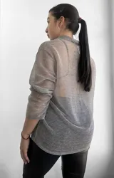 Blusa plateada traslúcida con cuello camisero y mangas largas.