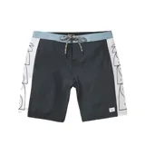 Short de baño negro con cintura celeste, cordón de ajuste y estampado lateral en blanco.