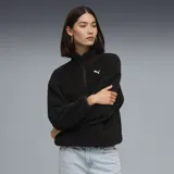 Buzo de sherpa color negro con cuello alto y cierre frontal parcial. Presenta mangas largas y el logo de la marca bordado en blanco en el pecho.