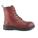 Bota casual de cuero color marrón de la marca Marco Donatti, modelo Mara. Presenta diseño de caña media con cordones frontales, ojalillos metálicos, suela gruesa tractorada negra y presilla trasera.