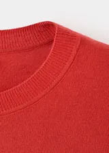 Sweater de punto fino color rojo, con cuello redondo y manga larga de diseño recto.