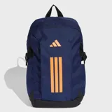 Mochila Adidas PrimeLift de color azul marino con detalles en naranja. Cuenta con compartimento principal con cierre, compartimento externo para notebook, bolsillos frontales y laterales, y correas de compresión laterales. El panel trasero es de malla para mayor ventilación.