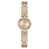 Reloj analógico Guess modelo Holly con caja y brazalete de acero inoxidable en tono oro rosa. La esfera de 23 mm presenta un diseño minimalista con índices de cristal y acabado texturizado.