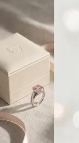 Anillo de plata con un cristal cuadrado de color rosa facetado en el centro.