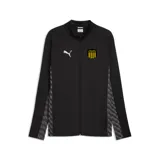 Campera deportiva Puma del Club Atlético Peñarol, modelo de entrenamiento. Es de color negro con cierre frontal completo, cuello alto y detalles laterales con patrón geométrico en degradado gris. Presenta el logo de la marca y el escudo del club en el pecho.