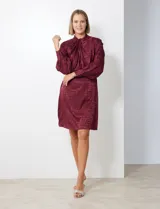 Vestido corto color borgoña con estampado geométrico, de gasa laminada con cuello alto entrelazado, manga larga raglán, cintura elastizada y espalda con abertura ojal y botones.