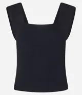 Blusa azul marino sin mangas confeccionada en tejido de punto con viscosa sostenible. Presenta escote cuadrado tanto en la parte delantera como en la espalda y breteles anchos.
