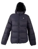 Campera inflada de nylon color azul marino, con cierre frontal, capucha integrada y diseño acolchado.