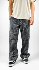 Pantalón de jean con lavado ácido en tono gris oscuro, de corte recto y holgado.