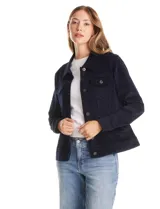 Campera de pana color azul marino con cuello solapa, cierre frontal con botones metálicos y bolsillos delanteros con solapa.