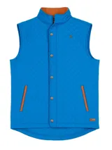 Chaleco negro capitoneado con cuello alto y cierre frontal con botones a presión.