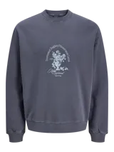 Buzo gris oscuro de cuello redondo, manga larga y calce relajado, confeccionado en algodón. Presenta una estampa gráfica frontal de un jarrón con flores y texto decorativo.