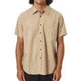 Camisa de manga corta color beige con estampado de líneas verticales con círculos marrones y blancos.