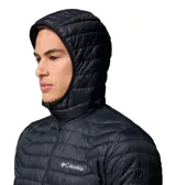 Campera híbrida Columbia con capucha, diseño acolchado en el frente y espalda, y paneles laterales elásticos. Cuenta con cierre frontal completo, bolsillos laterales con cremallera y tecnología Omni-Shield repelente al agua.