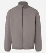 Campera marrón de tricolina, con cuello alto, cierre por cremallera, bolsillos laterales, manga larga ajustada y bajo ajustado.