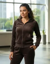 Conjunto deportivo de dos piezas en color marrón chocolate, confeccionado en tela tipo plush. Incluye una campera con cierre frontal y cuello alto, y un pantalón de corte recto con cintura elástica.