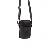 Bolso bandolera pequeño de cuero negro, ideal para llevar el móvil, tarjetas y maquillaje. Cuenta con cierre superior, bolsillo interno, bolsillo externo y correa ajustable.