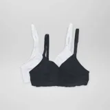 Pack de dos sujetadores de lactancia, uno blanco y otro negro, con breteles regulables y detalle de puntilla en el escote.