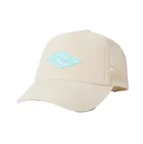 Gorra tipo trucker color beige con panel frontal de corduroy y parte trasera de red. Cuenta con un parche frontal bordado con el logo de la marca en tono celeste y blanco.