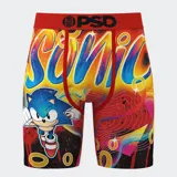 Calzoncillos bóxer estampados con el personaje Sonic y el logo de PSD en la cintura elástica roja.