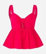 Blusa fucsia de tricolina de algodón con escote corazón, recorte cutout en el busto, volado en el bajo y cierre por cremallera en la espalda.